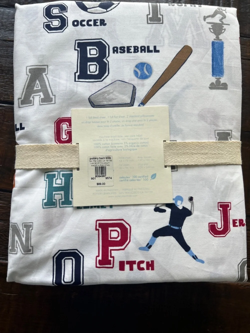 NWT Pottery Barn Kids Liam Sports Full Sheet Set + 2 Extra Pillowcases 6pc